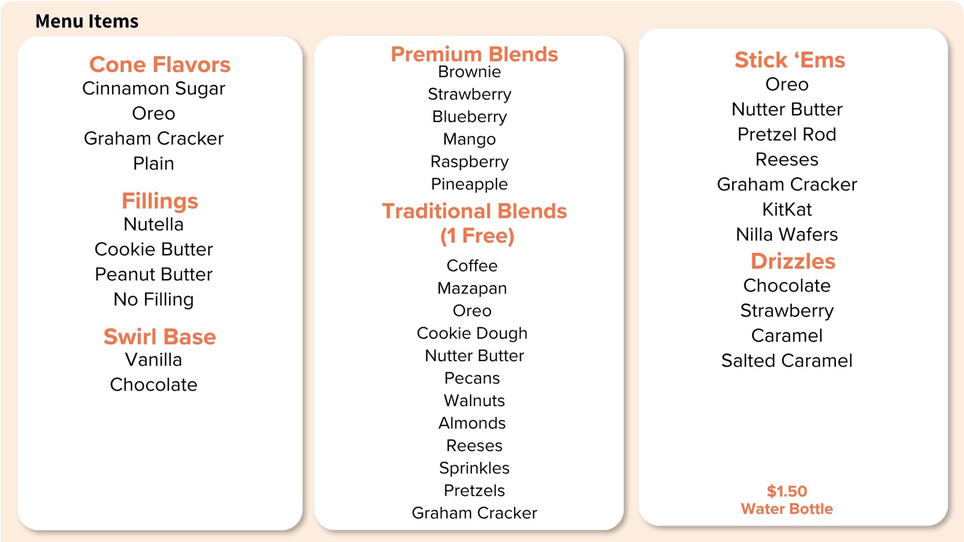 CONE N' SWIRL menu items: cones, fillings, blends, Stick 'Ems, drizzles, and mix-in options.